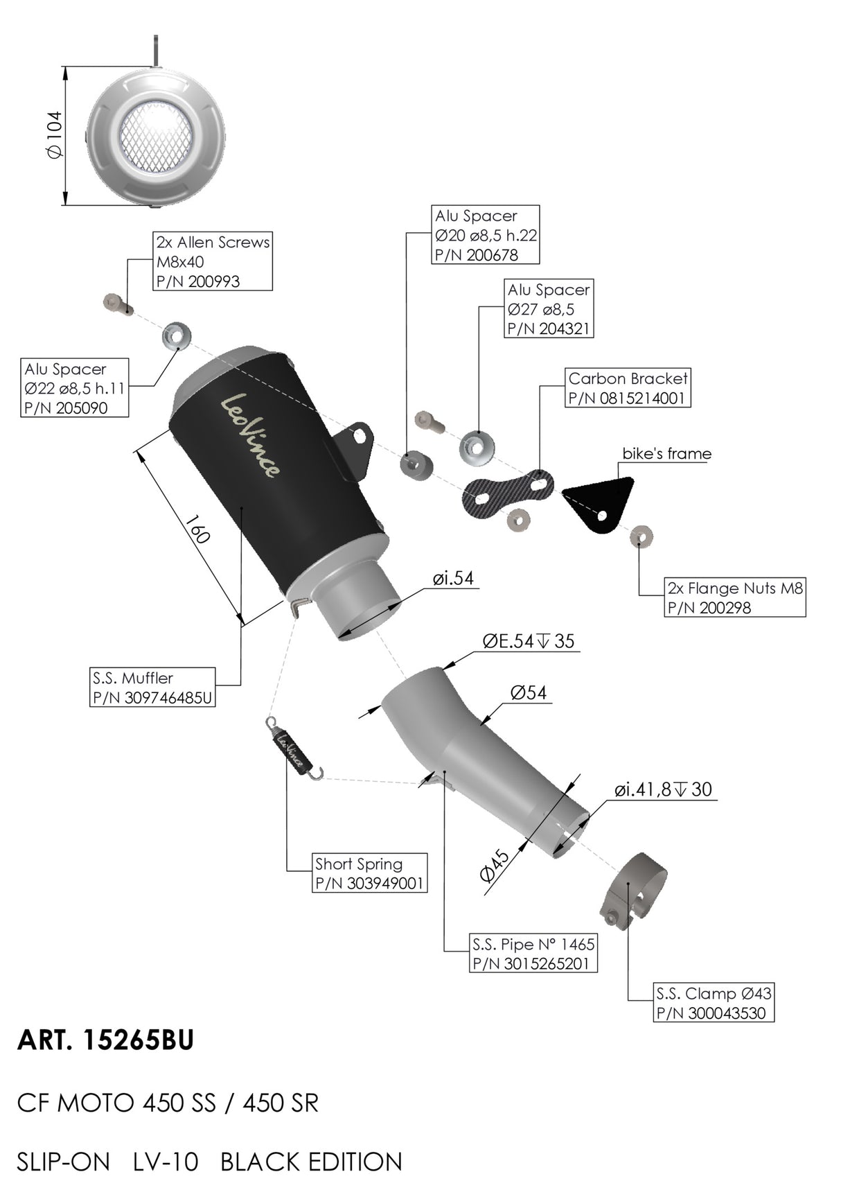 15265BU LEOVINCE 450SS 2023-2024 LV-10 Slip-On Muffler - Black - Stainless Steel