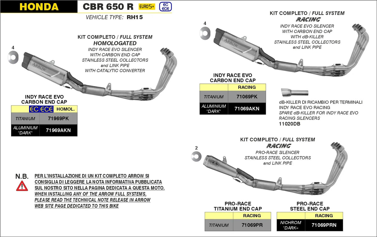 71969PK Arrow WITH CATALYTIC CONVERTER Indy-Race Evo Racing Full Exhaust Titanium Stainless Steel Collectors CBR650R 2024 - 2025