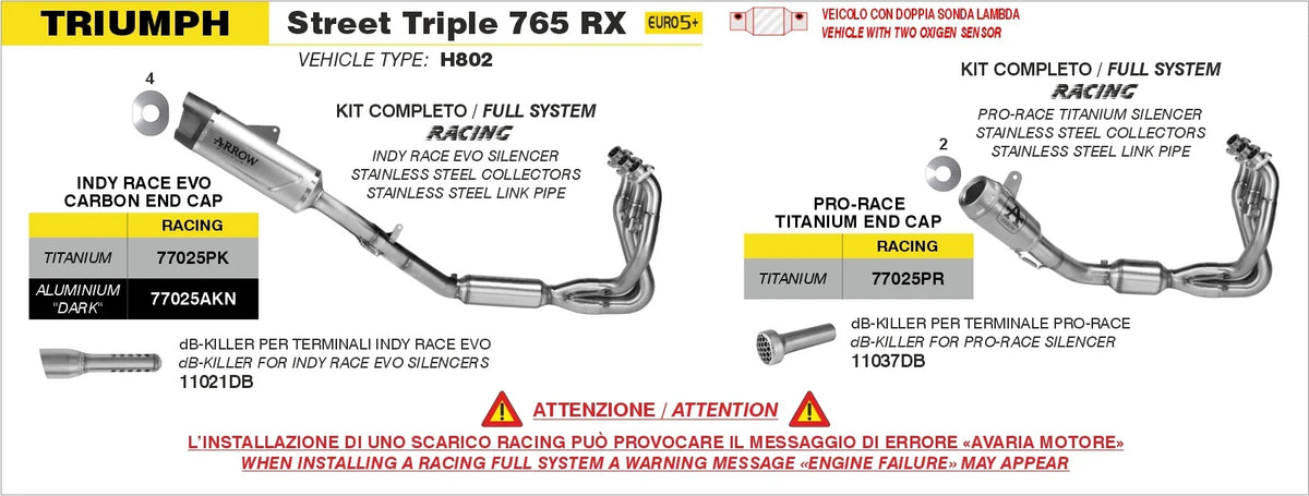 Arrow Triumph STREET TRIPLE 765 RX 2026+ Full System With Indy Race EVO Aluminium Dark Slip Ons 77025AKN
