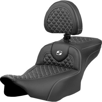 SADDLEMEN Roadsofa™ Extended Reach Seat - Dragon Scale Stitch - White Stitch - w/ Backrest - FLTR/FLHX '23-'24 823-07-209B6