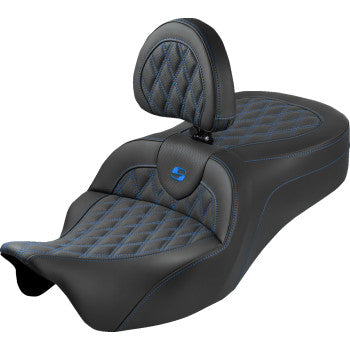 SADDLEMEN Roadsofa™ King Seat - With Backrest - Lattice Stitch - Blue Stitch - FLH/FLT '08-'25 808-07B-182SB1