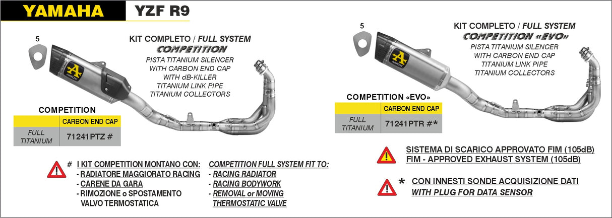 71241PTR Arrow Yzf R9 2025 Competition Evo Titanium Full system exhaust NO db killer 105db