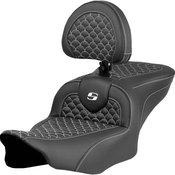 SADDLEMEN Roadsofa™ Seat - Dragon Scale Stitch - White Stitch - w/ Backrest - FLTR/FLHX '23-'24 823-07-208B6