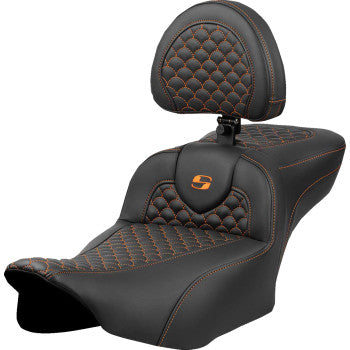 SADDLEMEN Roadsofa™ Extended Reach Seat - Dragon Scale Stitch - Orange Stitch - w/ Backrest - FLT/FLH '23-'24 823-07-209B3