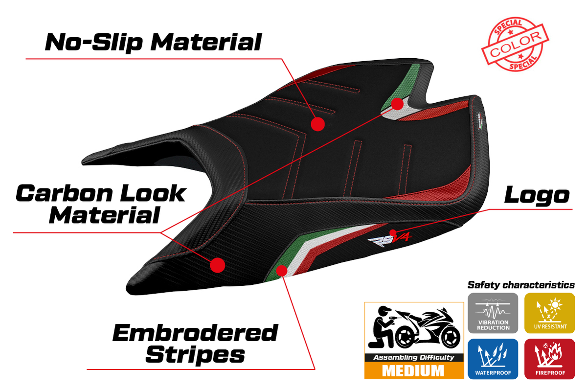 Tappezzeria Italia Aprilia RSV4 2021-2025 Seat Cover Ultragrip in Italy Flag Black