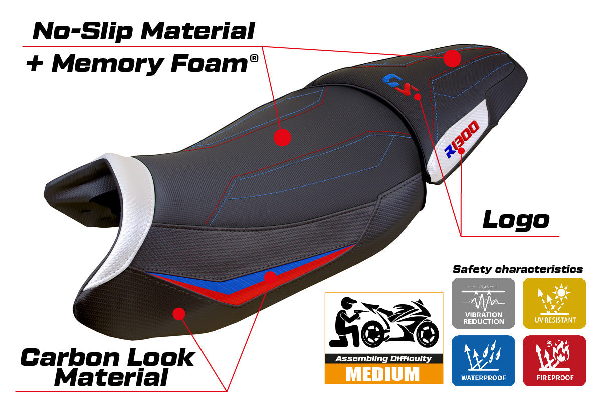 Tappezzeria Italia BMW R1300GS 2023-2025 Standard Seat Cover Comfort in White Red and Blue