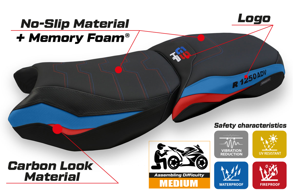 Tappezzeria Italia BMW R1250GS ADV 2019-2024 Comfort Heated Seat Cover in Red Blue