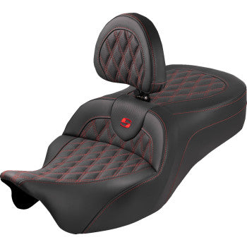SADDLEMEN Roadsofa™ King Seat - With Backrest - Lattice Stitch - Red Stitch - FLH/FLT '08-'25 808-07B-182SB4
