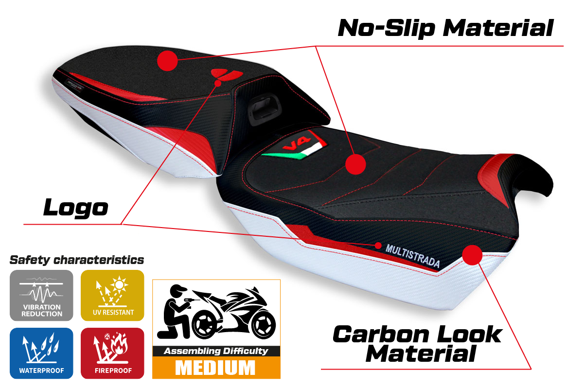 Tappezzeria Italia Ducati Multistrada V4 2021-2025 Heated Seat Cover Ultragrip in White and Red