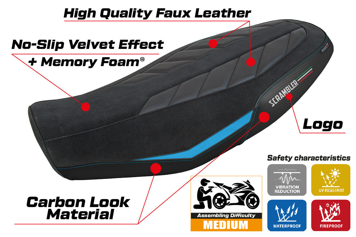 Tappezzeria Italia Ducati Scrambler 800 2023-2025 Seat Cover Comfort in Velvet Light Blue and Black