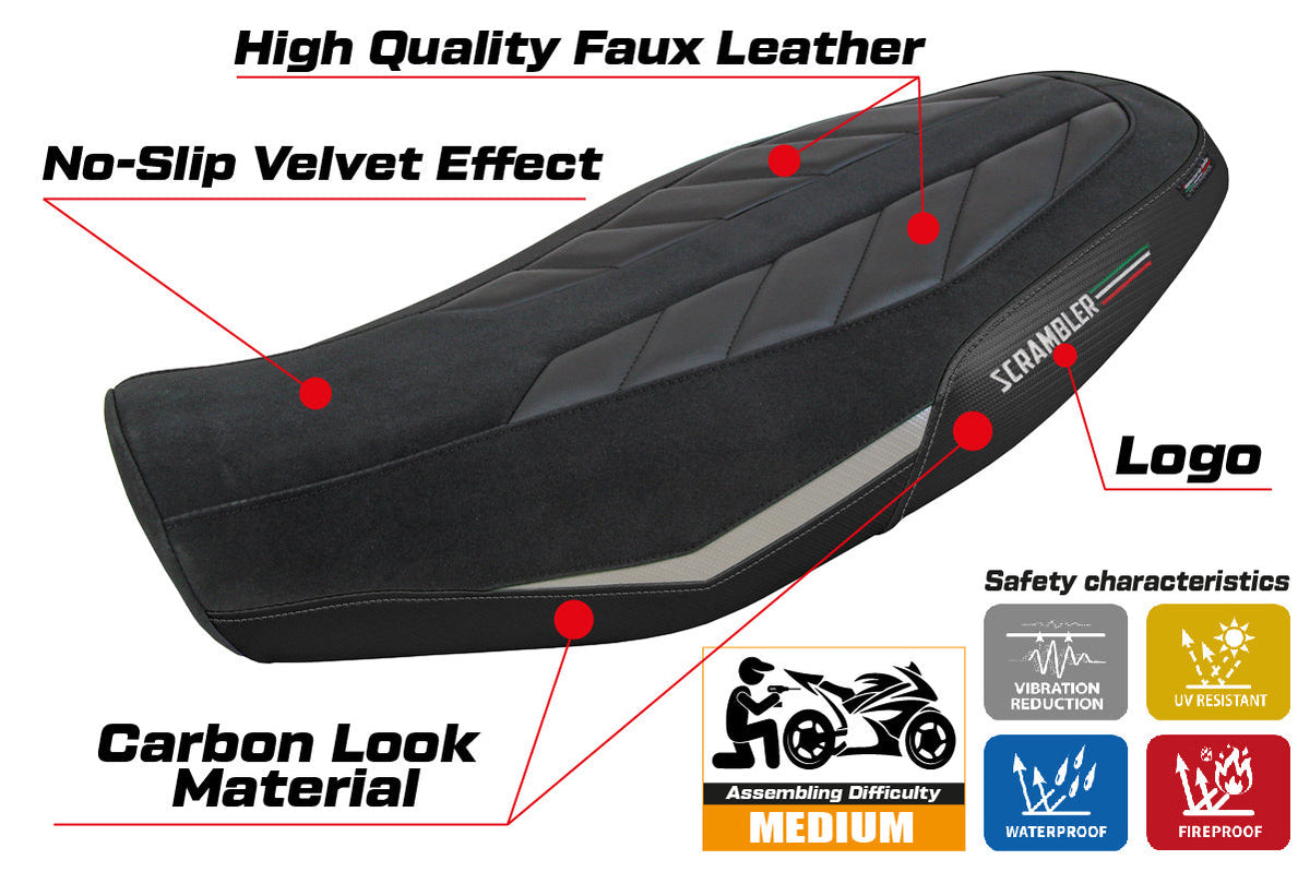 Tappezzeria Italia Ducati Scrambler 800 2023-2025 Seat Cover in Velvet Look Silver and Black
