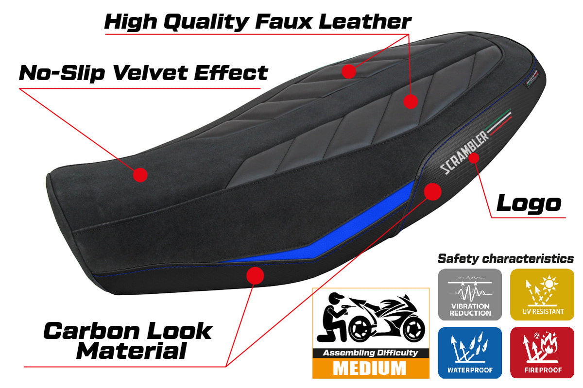 Tappezzeria Italia Ducati Scrambler 800 2023-2025 Seat Cover in Velvet Look Blue and Black