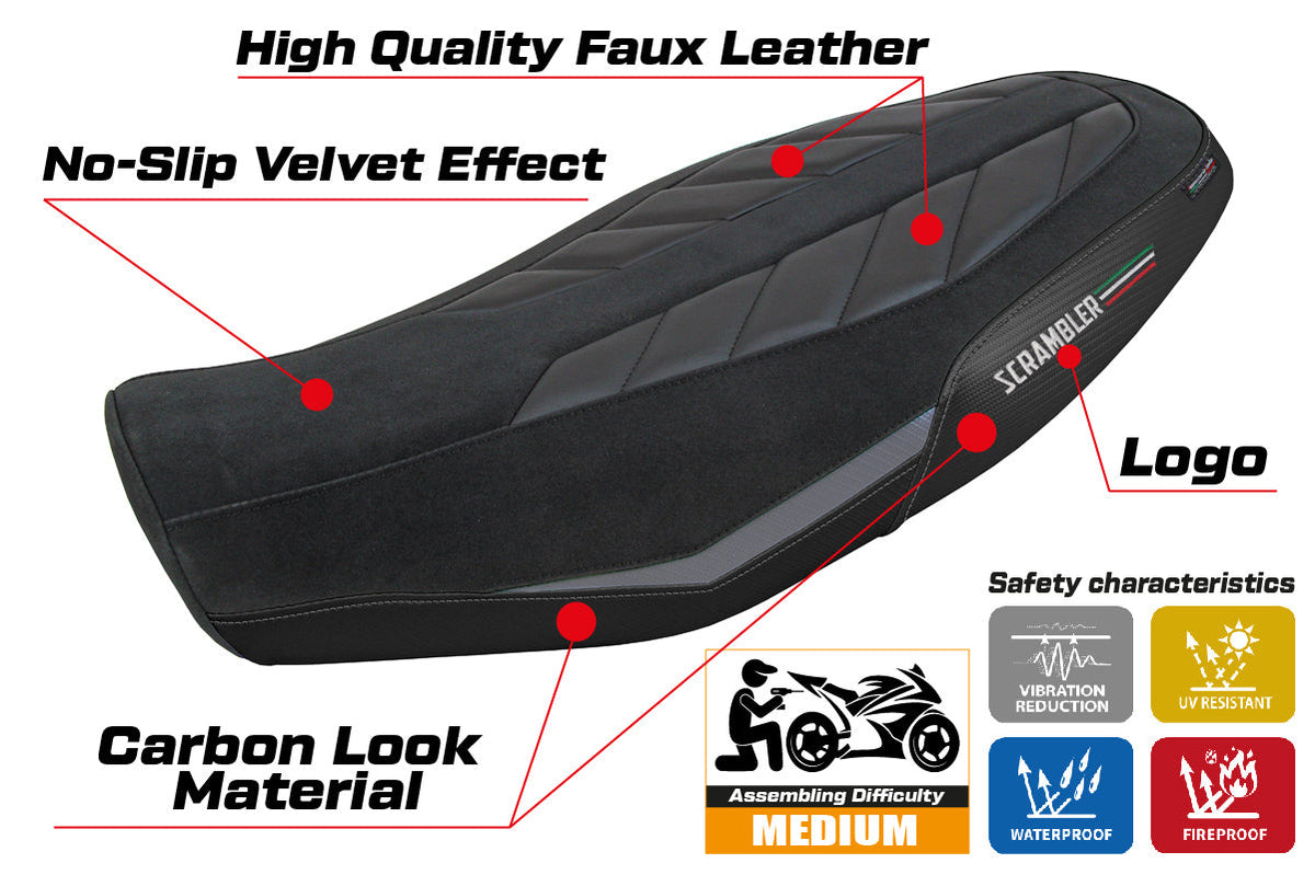 Tappezzeria Italia Ducati Scrambler 800 2023-2025 Seat Cover in Velvet Look Grey and Black