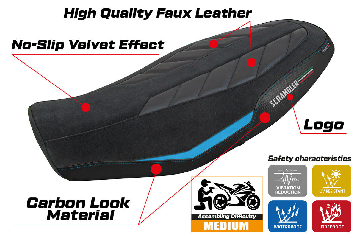 Tappezzeria Italia Ducati Scrambler 800 2023-2025 Seat Cover in Velvet Look Light Blue and Black