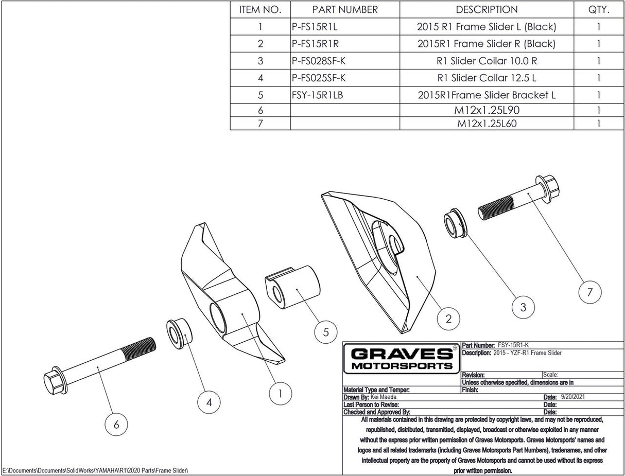Graves Diamond Frame Saver Sliders Black R1 / R1m / R1s 2015-2023 / Fz10 2017 / Mt-10 Fsy-15r1-K