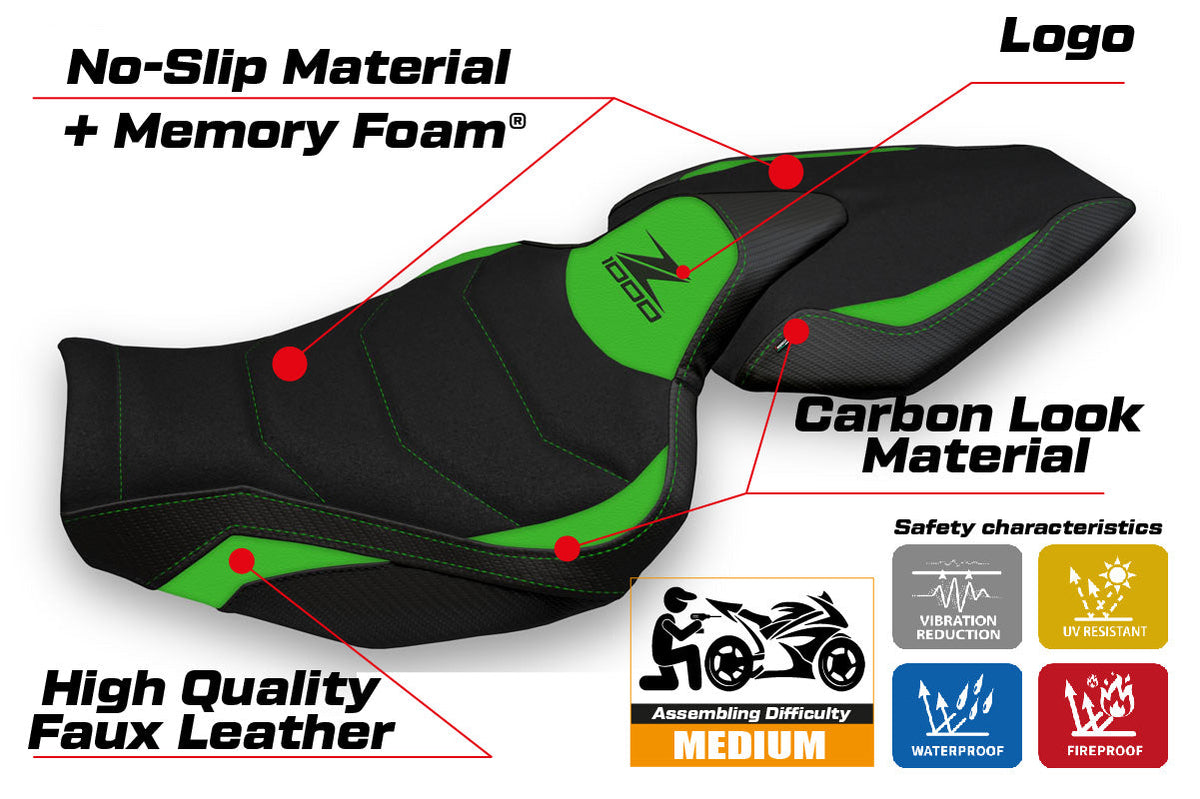 Tappezzeria Italia Kawasaki Z1000 2014-2021 Seat Cover Ultragrip in Green and Black