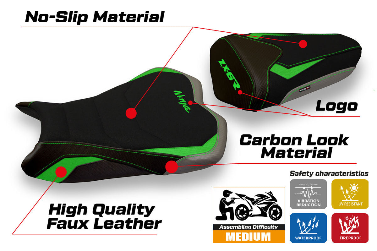 Tappezzeria Italia Kawasaki Ninja ZX6R 2009-2012 Seat Cover Ultragrip in Green and Grey