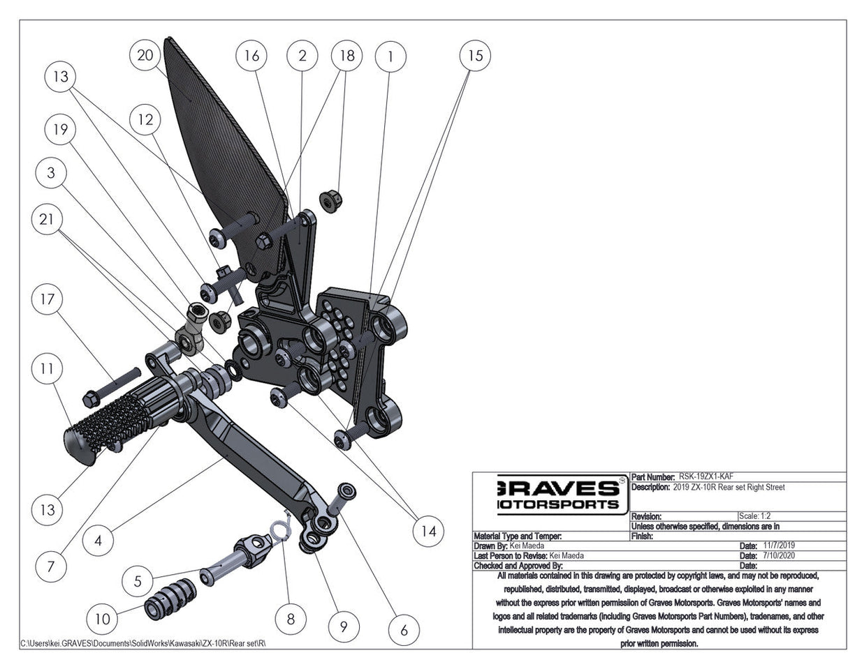 Graves Motorsports WORKS Kawasaki ZX-10R / ZX-10RR Adjustable Rearsets W-RSK-19ZX1-KAF