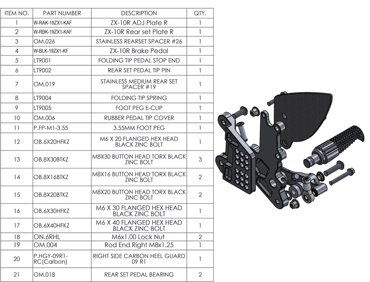 Graves Motorsports WORKS Kawasaki ZX-10R / ZX-10RR Adjustable Rearsets W-RSK-19ZX1-KAF
