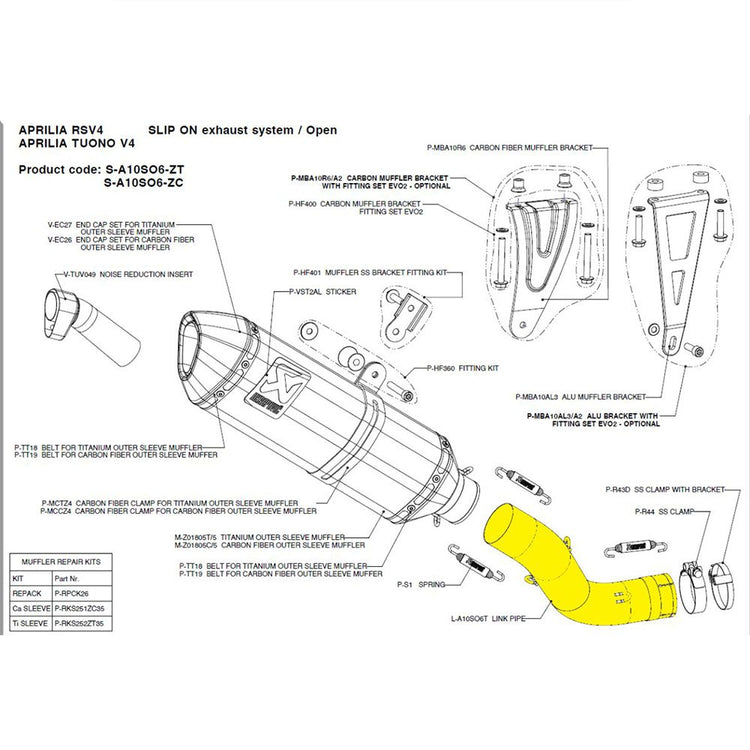 AKRAPOVIC Titanium Link Pipe Aprilia RSV4 09-16, Tuono V4 R 11-16 Slip-on Muffler (removes Akrapovic Katalyzer) V4 L-A10SO6T 1860-1897