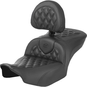 SADDLEMEN Heated Roadsofa™ Seat - Carbon Fiber - Lattice Stitch - w/ Backrest - FLT/FLH '23-'24 823-07-206C0