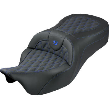 SADDLEMEN Roadsofa™ King Seat - No Backrest - Lattice Stitch - Blue Stitch - FLH/FLT '08-'25 808-07B-182S01