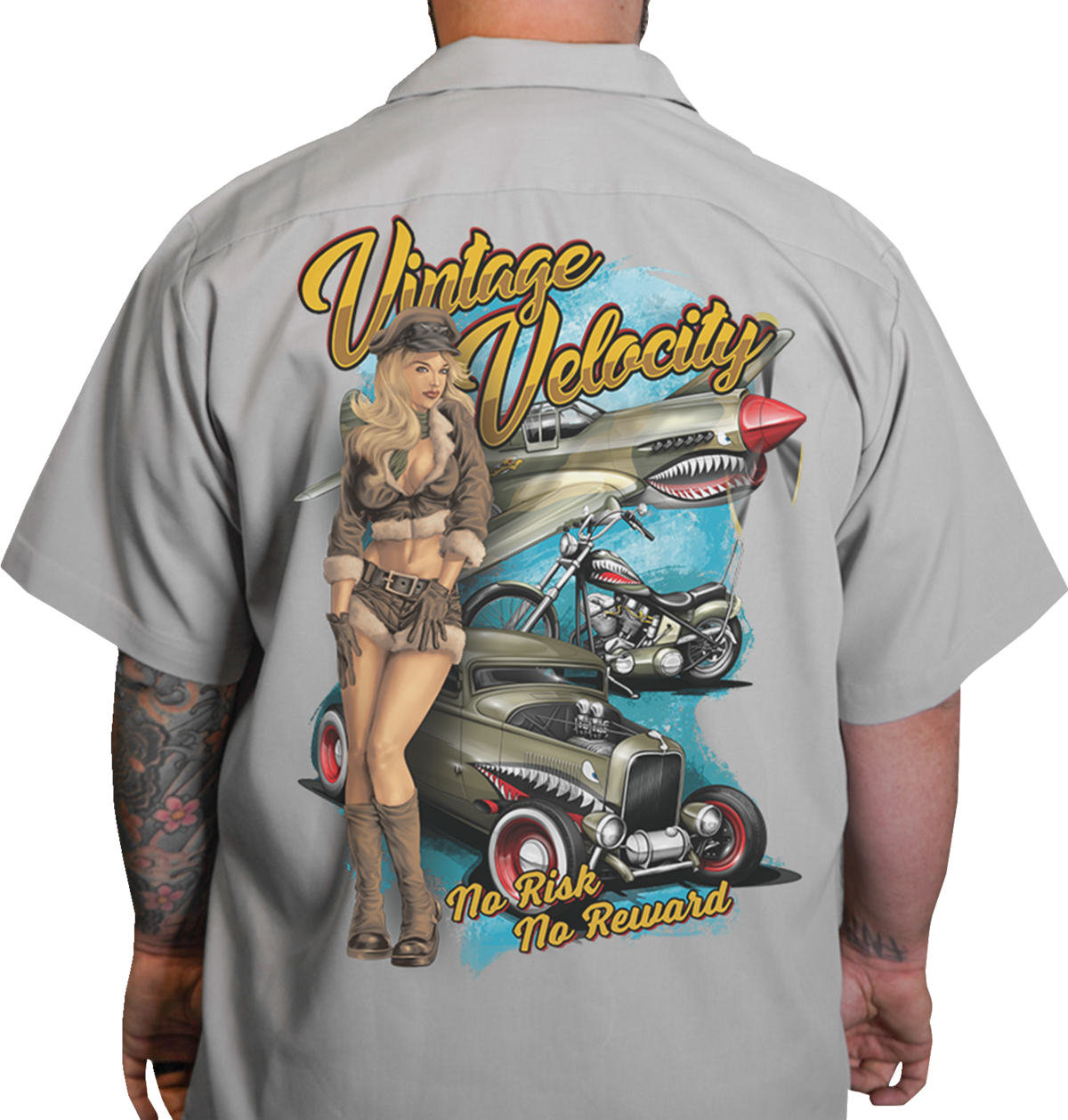 LETHAL THREAT Flying Tiger Pinup Shop Shirt - Gray - 3XL DG60158XXXL
