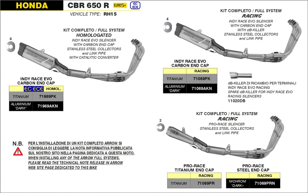 71069PK Arrow Indy-Race Evo Racing Full Exhaust Titanium Stainless Steel Collectors CBR650R 2024 - 2025 2026