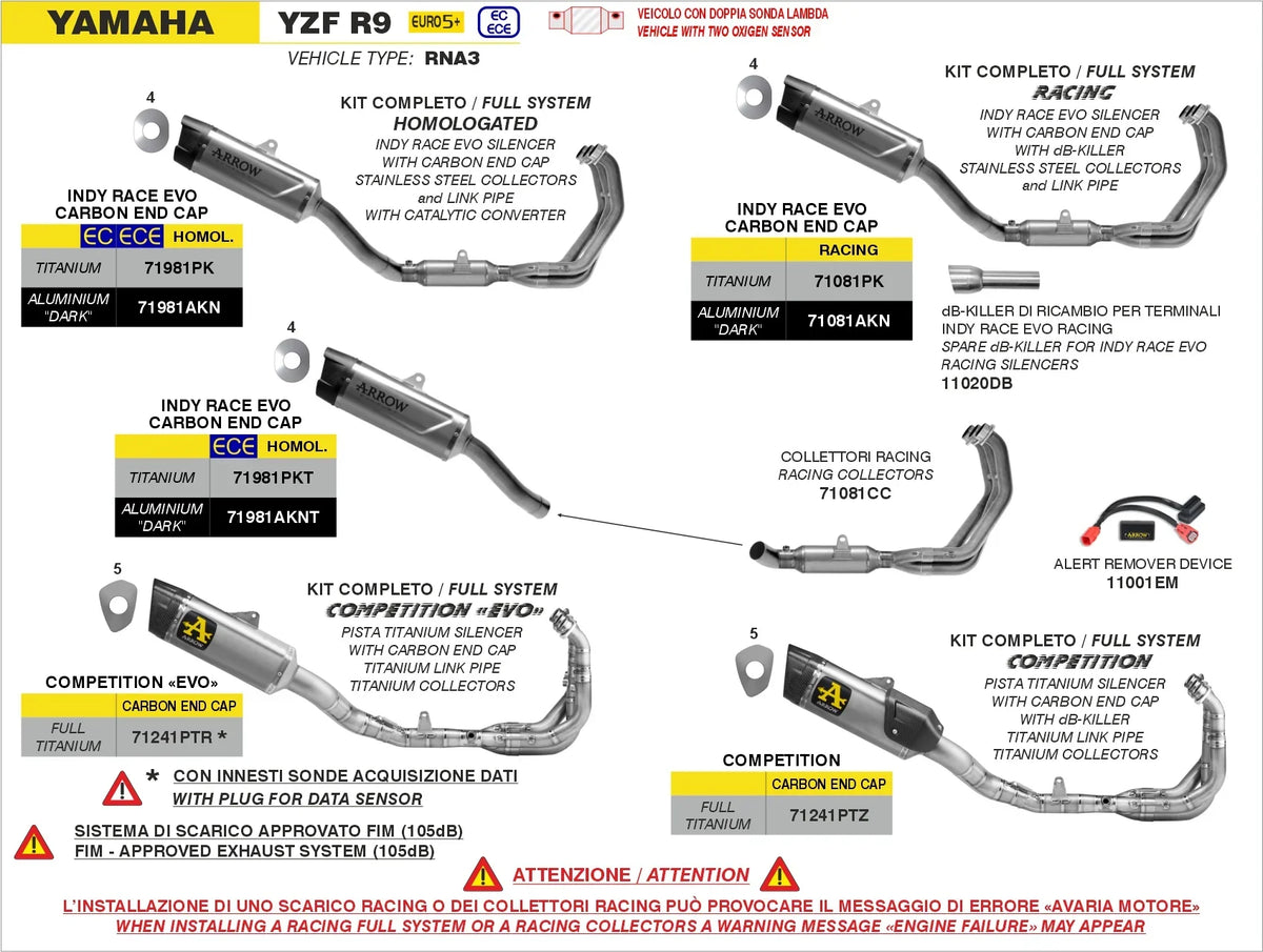 Arrow  Yamaha Yzf R9 2025 2026 2027 Competition  Full Titanium Full System 71241ptz