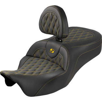 SADDLEMEN Roadsofa™ King Seat - With Backrest - Lattice Stitch - Gold Stitch - FLH/FLT '08-'25 808-07B-182SB7