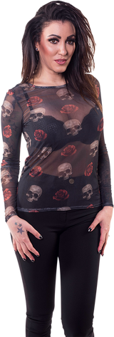 LETHAL THREAT Women's Floating Skulls Sheer Long-Sleeve Shirt - Black - Medium LA20614M