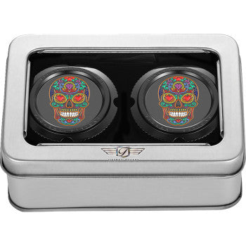 FIGURATI DESIGNS Axle Nut Cover - Front - Stainless Steel - Sugar Skull - Black  FD30-FAC-BLK