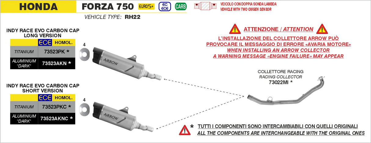 Arrow  Honda Forza 750 E5+ 2025 Stainless Steel Collectors - 73022mi