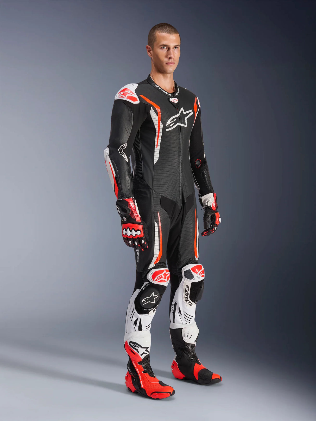 ALPINESTARS GP Tech v5 1-Piece Leather Suit - Black/White/Red Fluo - US 46 / EU 56 3150226-1231-56