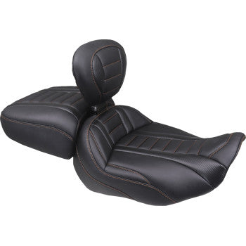 MUSTANG Deluxe Touring Solo Seat - w/ Backrest - Mandarin Orange Stitch - FLT/FLH '23-'25 89401MO