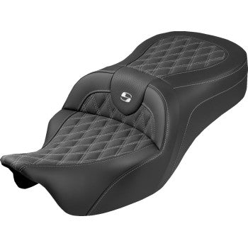 SADDLEMEN Roadsofa™ King Seat - No Backrest - Lattice Stitch - White Stitch - FLH/FLT '08-'25 808-07B-182S06