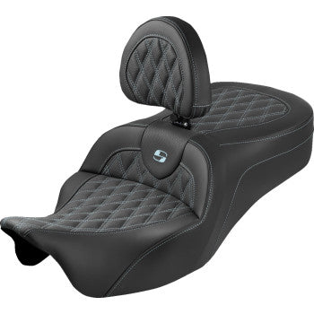 SADDLEMEN Roadsofa™ King Seat - With Backrest - Lattice Stitch - Silver Stitch - FLH/FLT '08-'25 808-07B-182SB5
