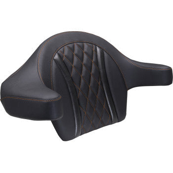 MUSTANG Deluxe Extended Arm Wrap-around Backrest - Diamond - Mandarin Orange Stitch - FLT/FLH '23-'25 88430MO