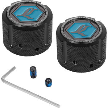 FIGURATI DESIGNS Axle Nut Cover - Front - Stainless Steel - Legends Suspension Logo - Black FD02-FAC-BLK