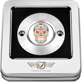 FIGURATI DESIGNS Timing Cover - 2 Hole - Sugar Skull - Mirror Polished - Stainless Steel  FD30-TC-2H-SS