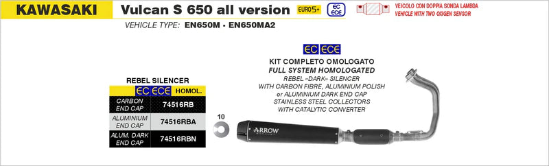 Arrow  Kawasaki Vulcan S 650 E5+ '25 Rebel Nichrom Dark Exhaust - 74516rbat