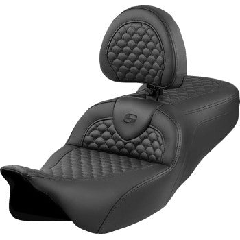 SADDLEMEN Roadsofa™ Seat - Dragon Scale Stitch - Black Stitch - w/ Backrest - FLH/FLT '08-'24 808-07B-208B0