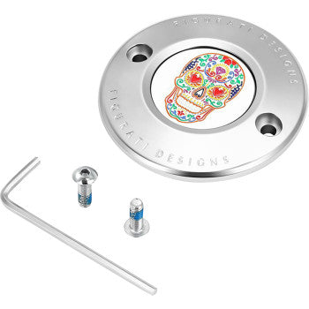 FIGURATI DESIGNS Timing Cover - 2 Hole - Sugar Skull - Mirror Polished - Stainless Steel  FD30-TC-2H-SS