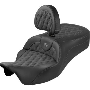 SADDLEMEN Roadsofa™ King Seat - With Backrest - Lattice Stitch - Gray Stitch - FLH/FLT '08-'25 808-07B-182SB2