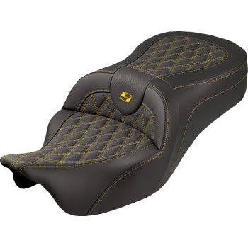 SADDLEMEN Roadsofa™ King Seat - No Backrest - Lattice Stitch - Gold Stitch - FLH/FLT '08-'25 808-07B-182S07