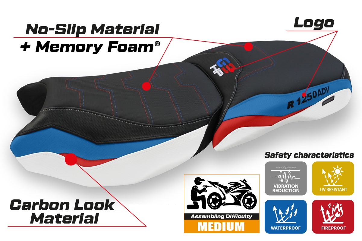 Tappezzeria Italia BMW R1250GS ADV 2019-2024 Comfort Heated Seat Cover in White, Red and Blue