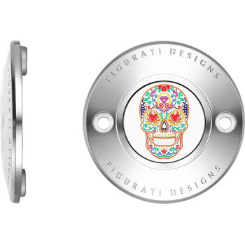 FIGURATI DESIGNS Timing Cover - 2 Hole - Sugar Skull - Mirror Polished - Stainless Steel  FD30-TC-2H-SS
