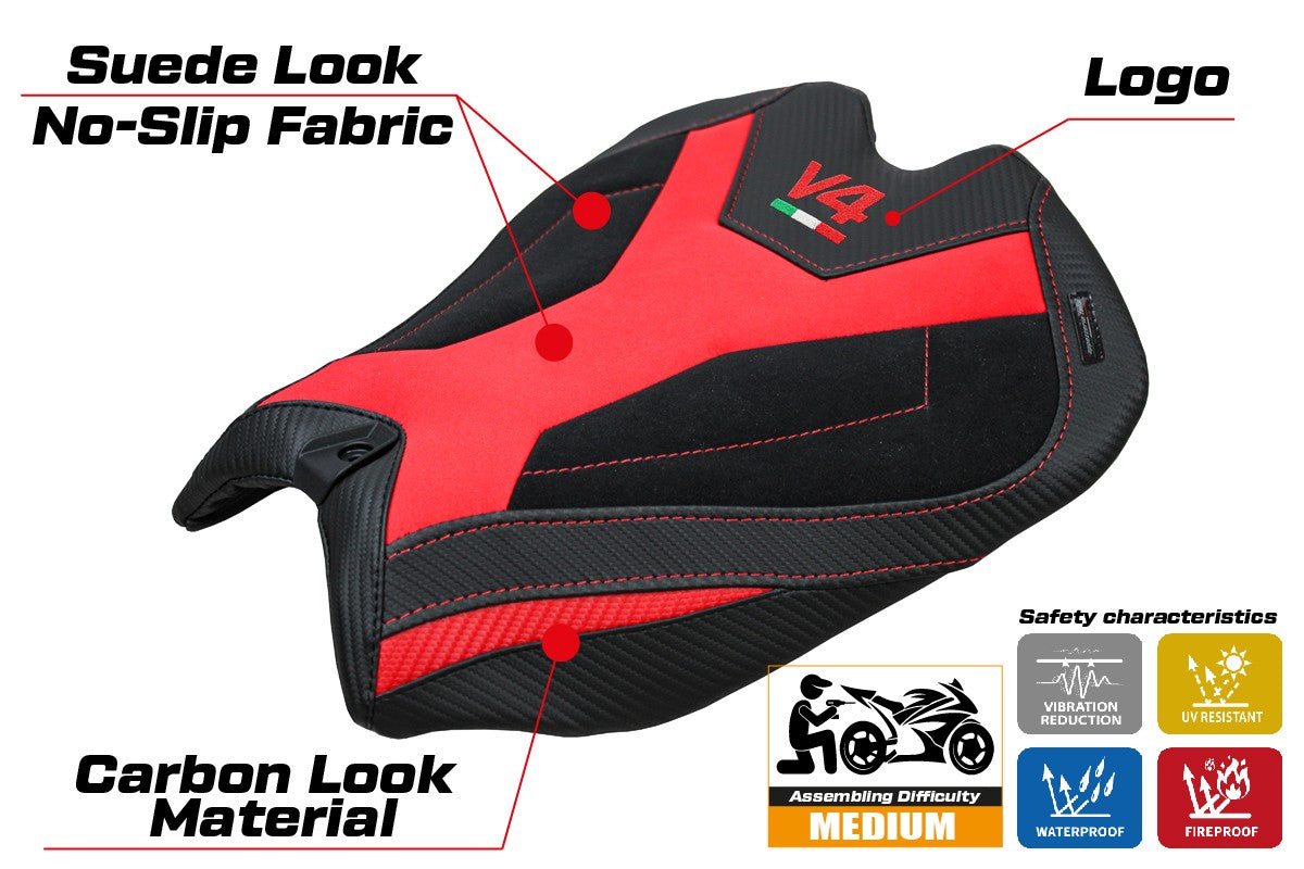 Tappezzeria Italia Ducati Panigale V4 2025 Seat Cover Velvet Red Black Logo V4