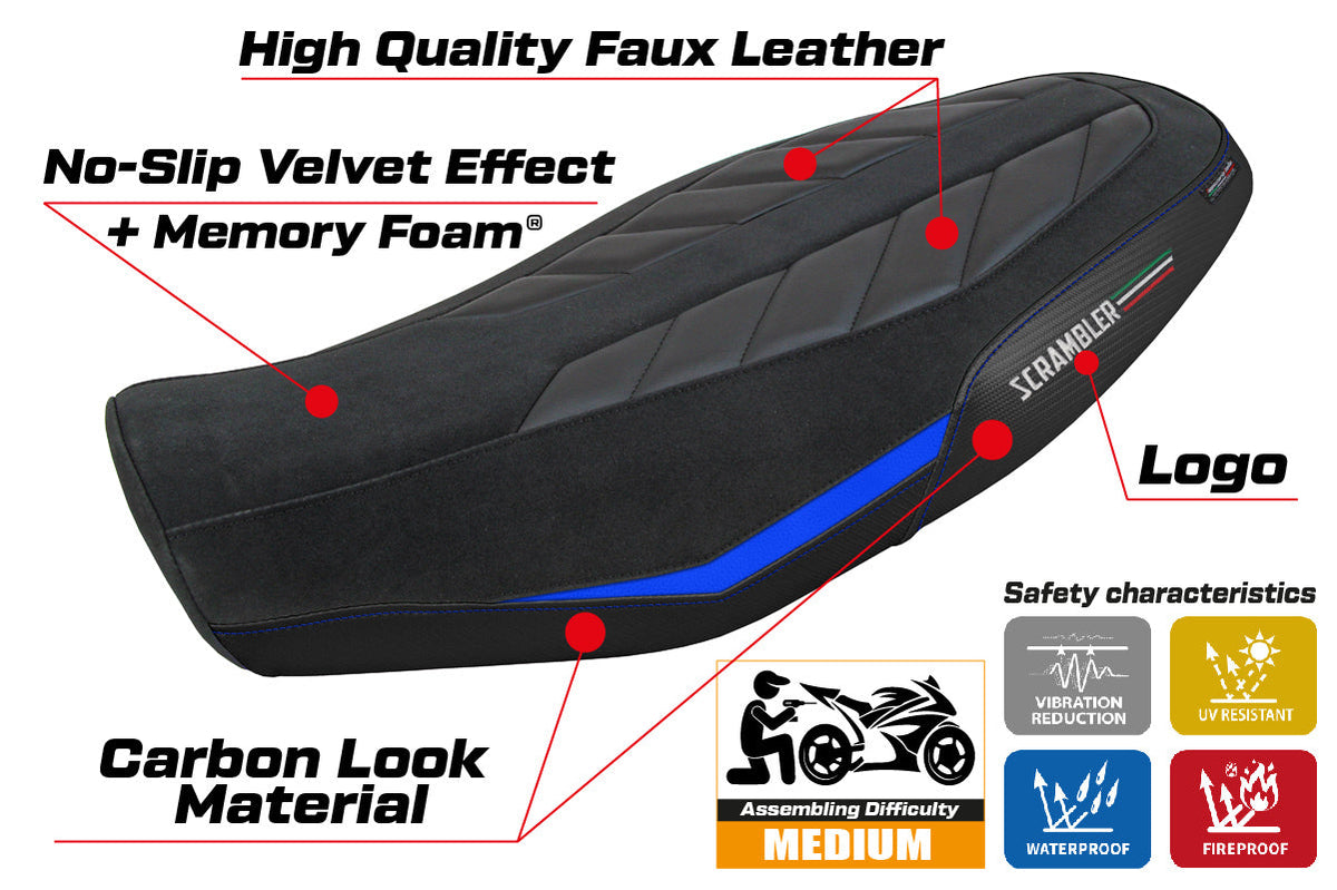 Tappezzeria Italia Ducati Scrambler 800 2023-2025 Seat Cover Comfort in Velvet Blue and Black