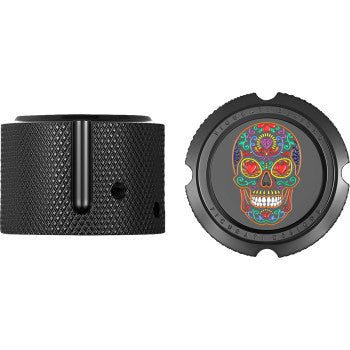 FIGURATI DESIGNS Axle Nut Cover - Front - Stainless Steel - Sugar Skull - Black  FD30-FAC-BLK